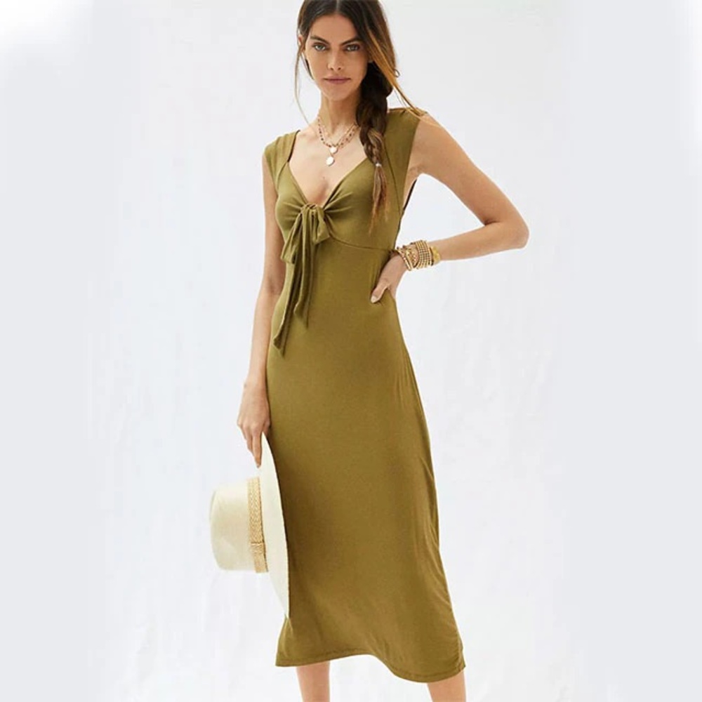 NWT ANTHROPOLOGIE Tie-Front Midi Dress olive green - Size S